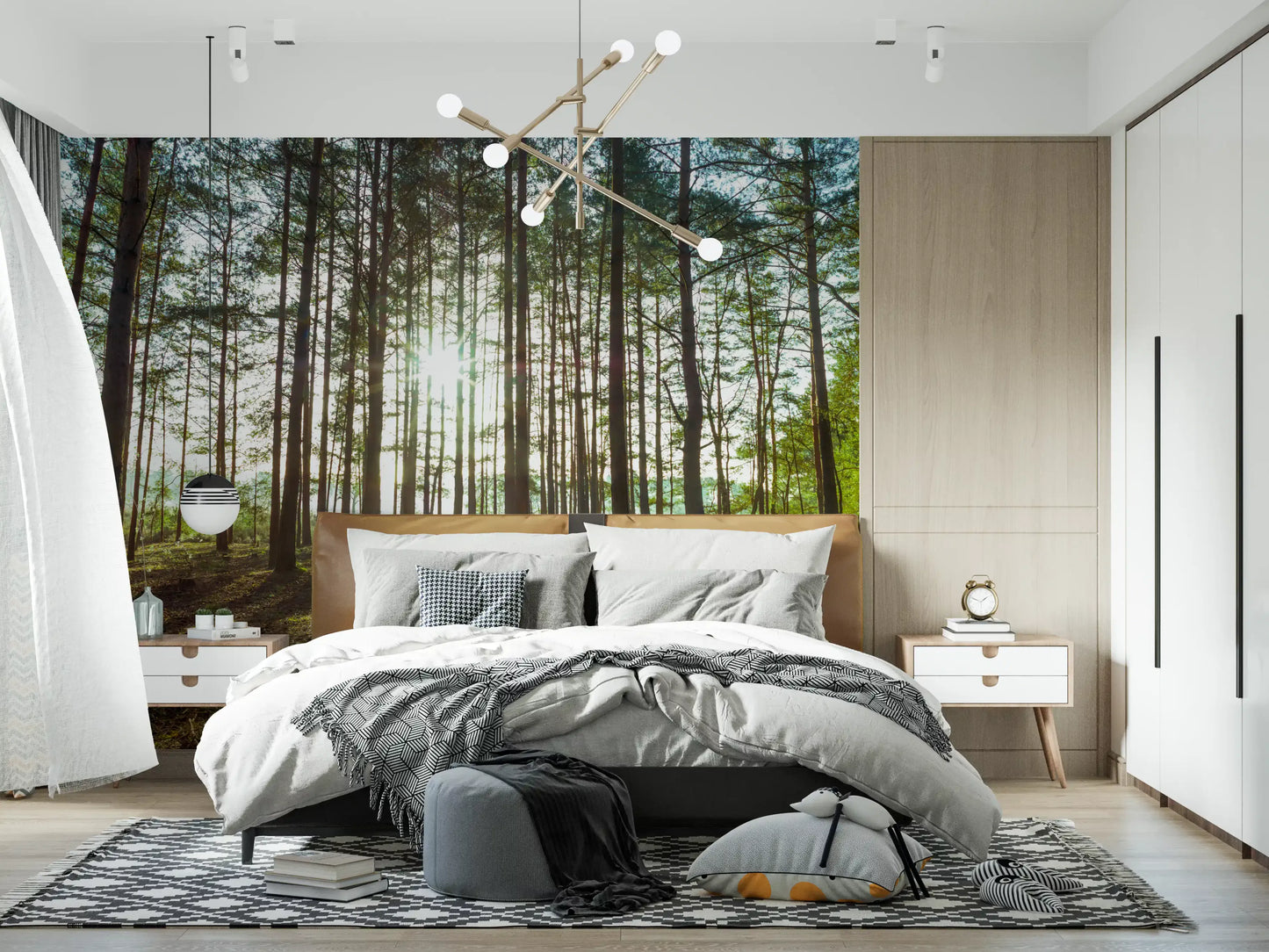 Sunlit Pine Forest Morning Wall Mural