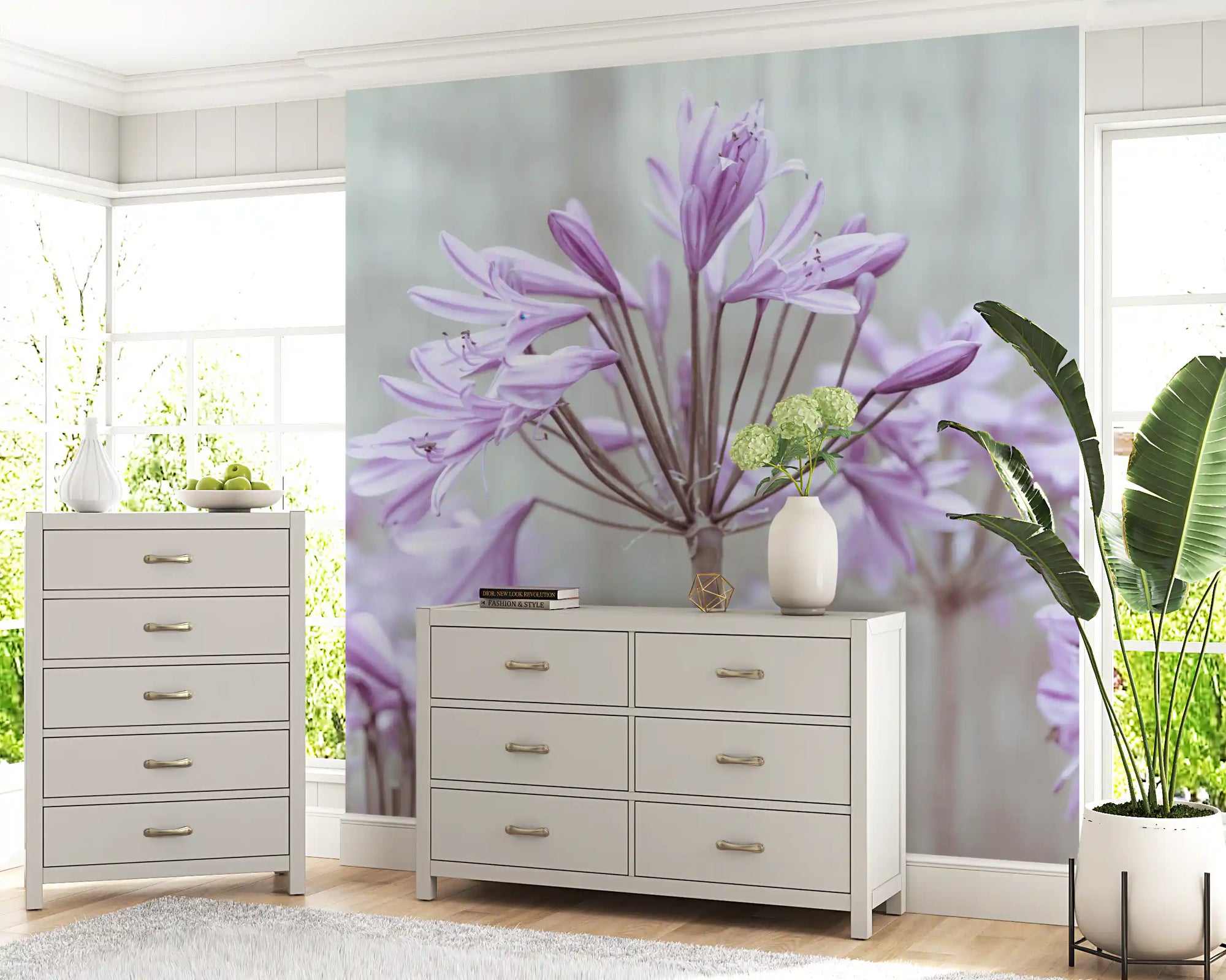 Lilac agapanthus blossoms mural with slender petals on muted grey background GD10944