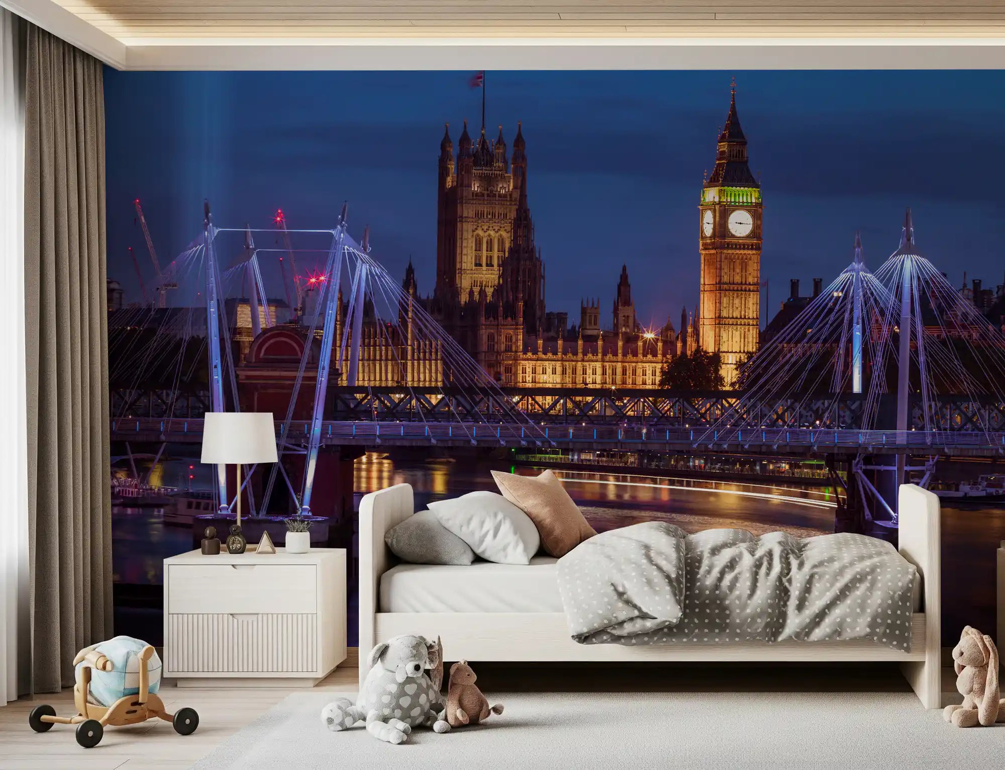 Big Ben clock tower illuminated mural in golden amber light at twilight for bedroom GD10946