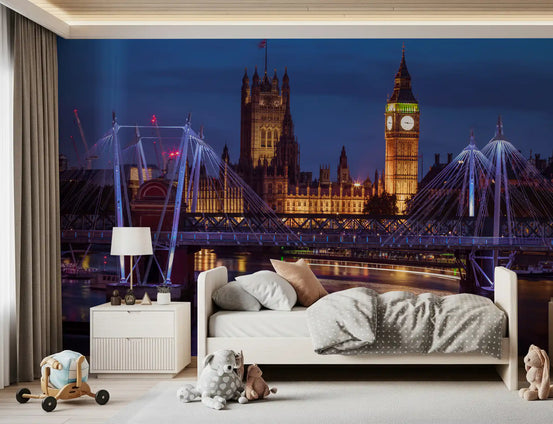 Big Ben clock tower illuminated mural in golden amber light at twilight for bedroom GD10946