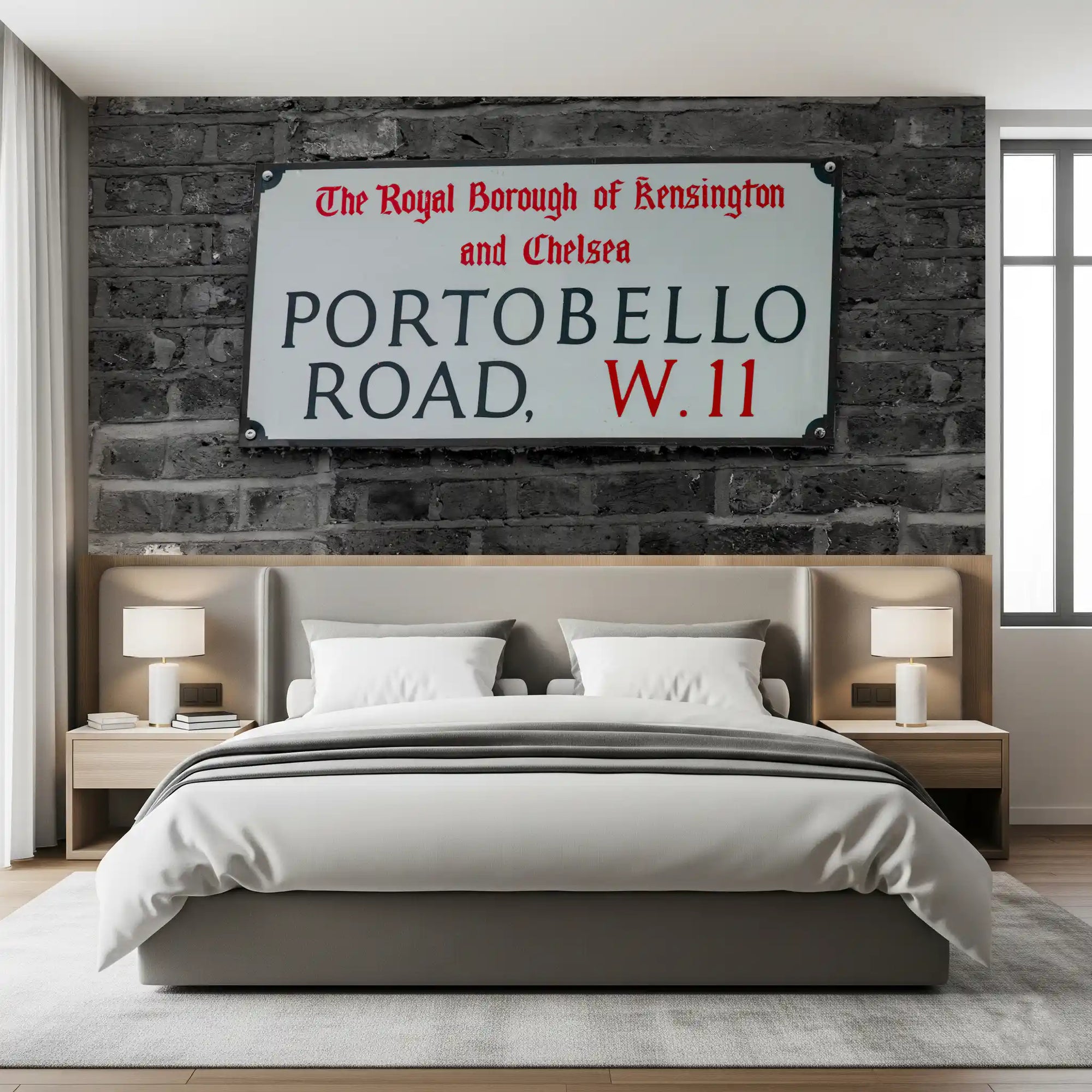 West London Borough brick wall mural with Portobello Road street sign in bedroom GD10947 