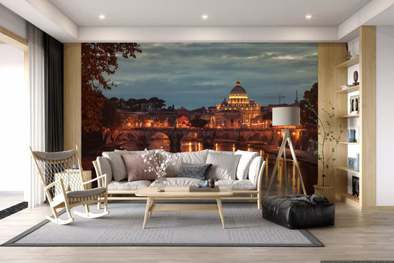 Sunset over Saint Peters Basilica wall mural with golden dome and Tiber River in living room GD10950