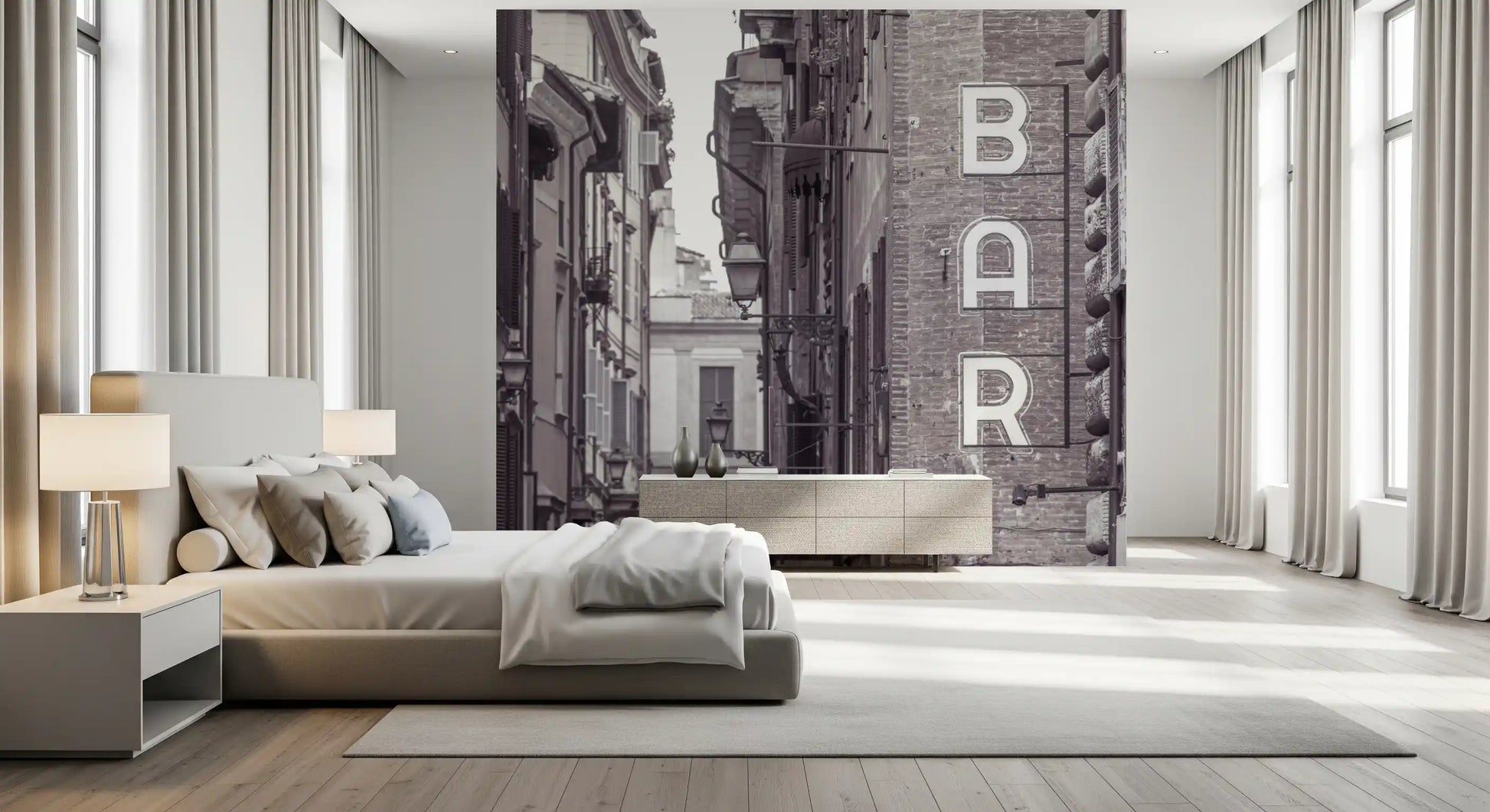 Vintage Neon Sign on Rome Shuttered Street Wall Mural