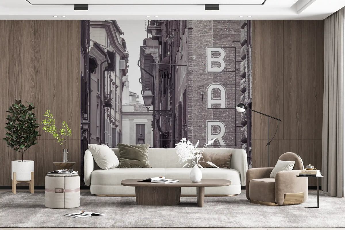 Vintage neon BAR sign on Rome shuttered street wall mural in living room GD10951 
