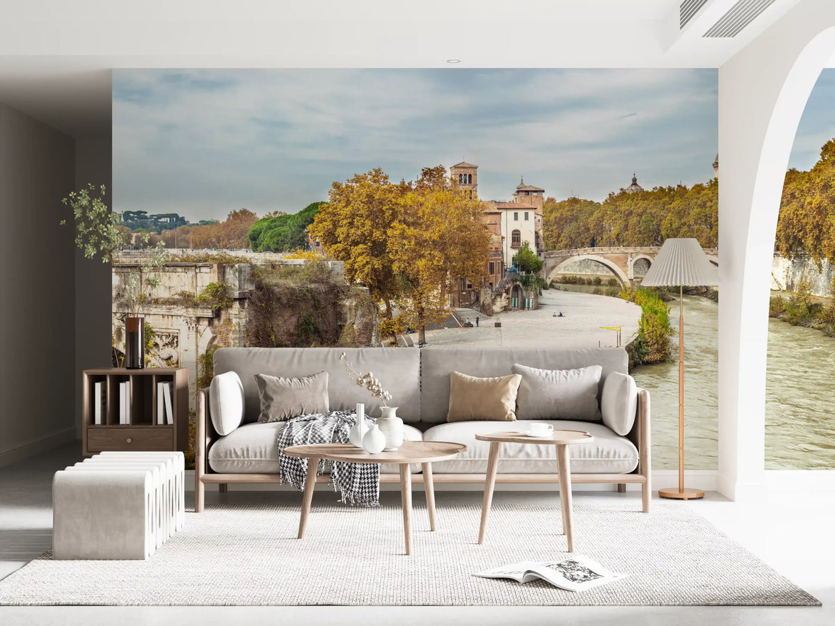 Ancient stone bridges over a flowing river with autumn foliage wall mural in living room GD10952 