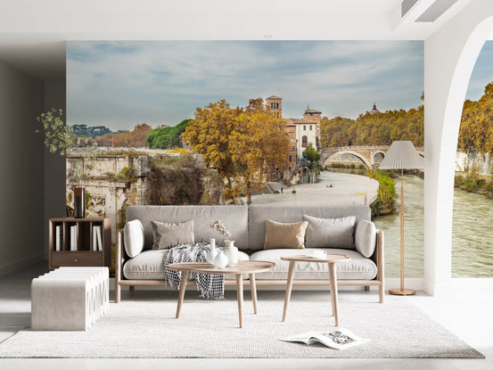Ancient stone bridges over a flowing river with autumn foliage wall mural in living room GD10952 
