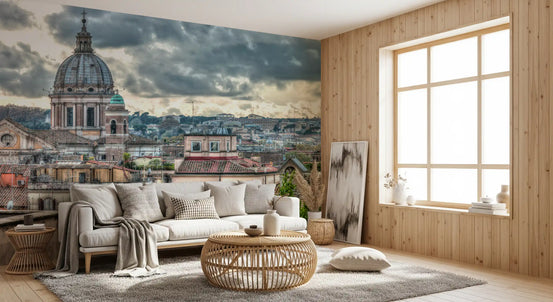 Rome rooftops and cathedral dome under dramatic grey skies wall mural in living room GD10953