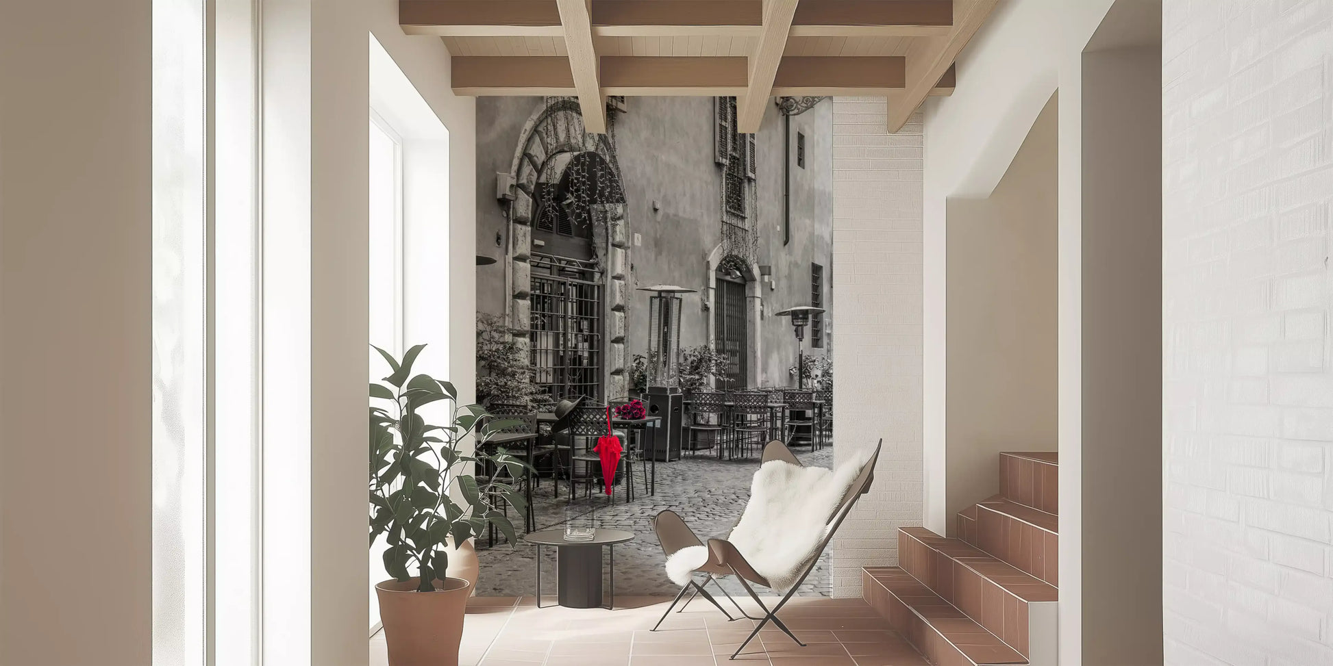 Red Umbrella on Quiet Italian Street Wall Mural