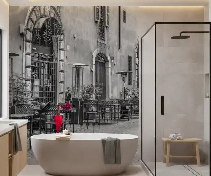 Red umbrella on a monochrome cobblestone street with arched doorways mural in bathroom GD10954
