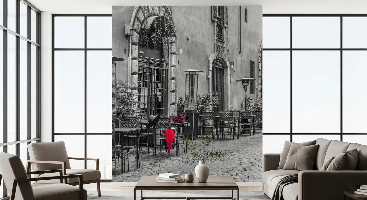 Red Umbrella on Quiet Italian Street Wall Mural