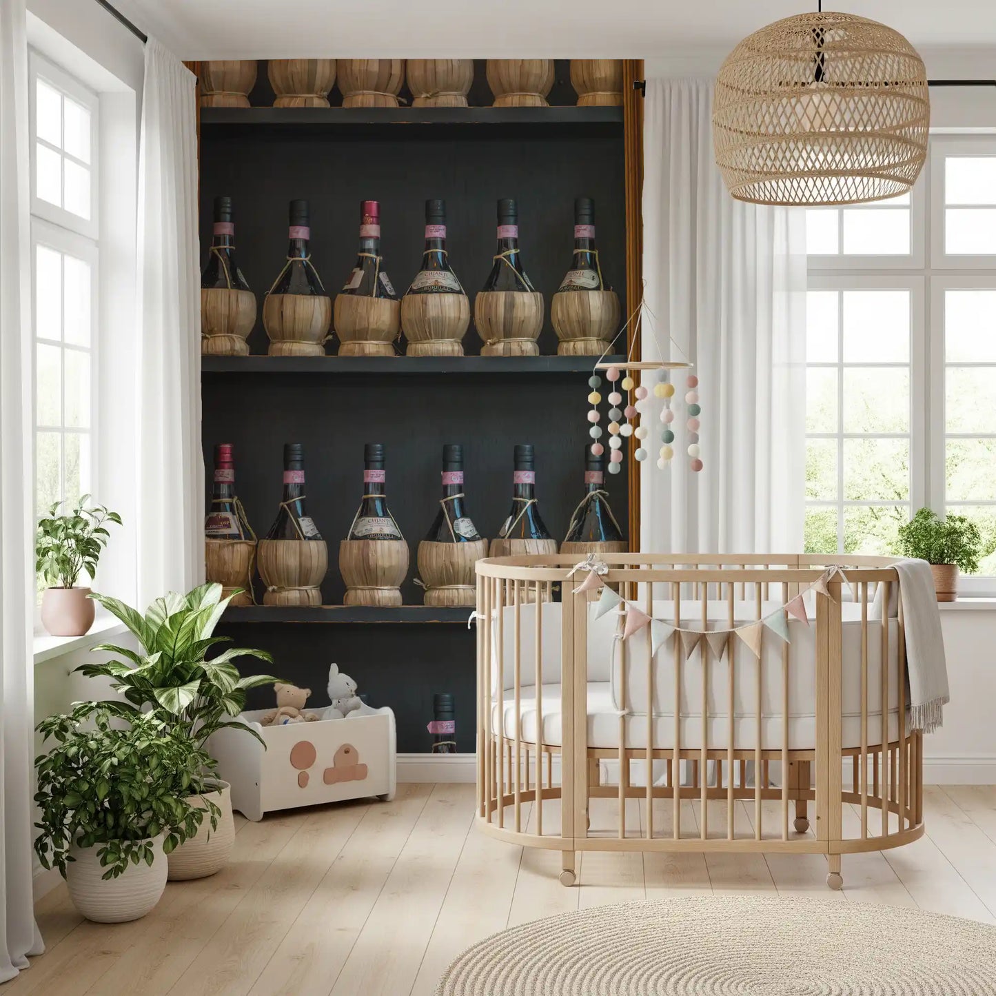Tuscan Chianti Bottles in Straw Fiaschi Wall Mural