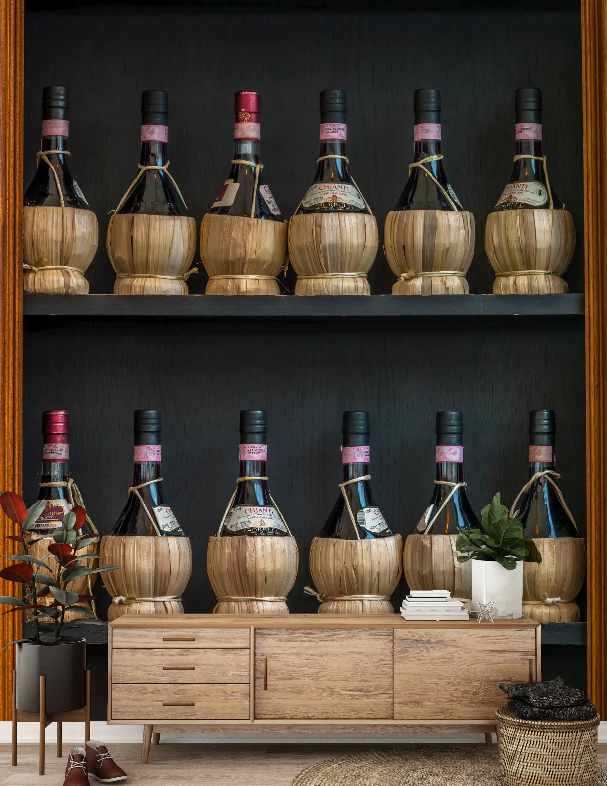Tuscan Chianti Bottles in Straw Fiaschi Wall Mural