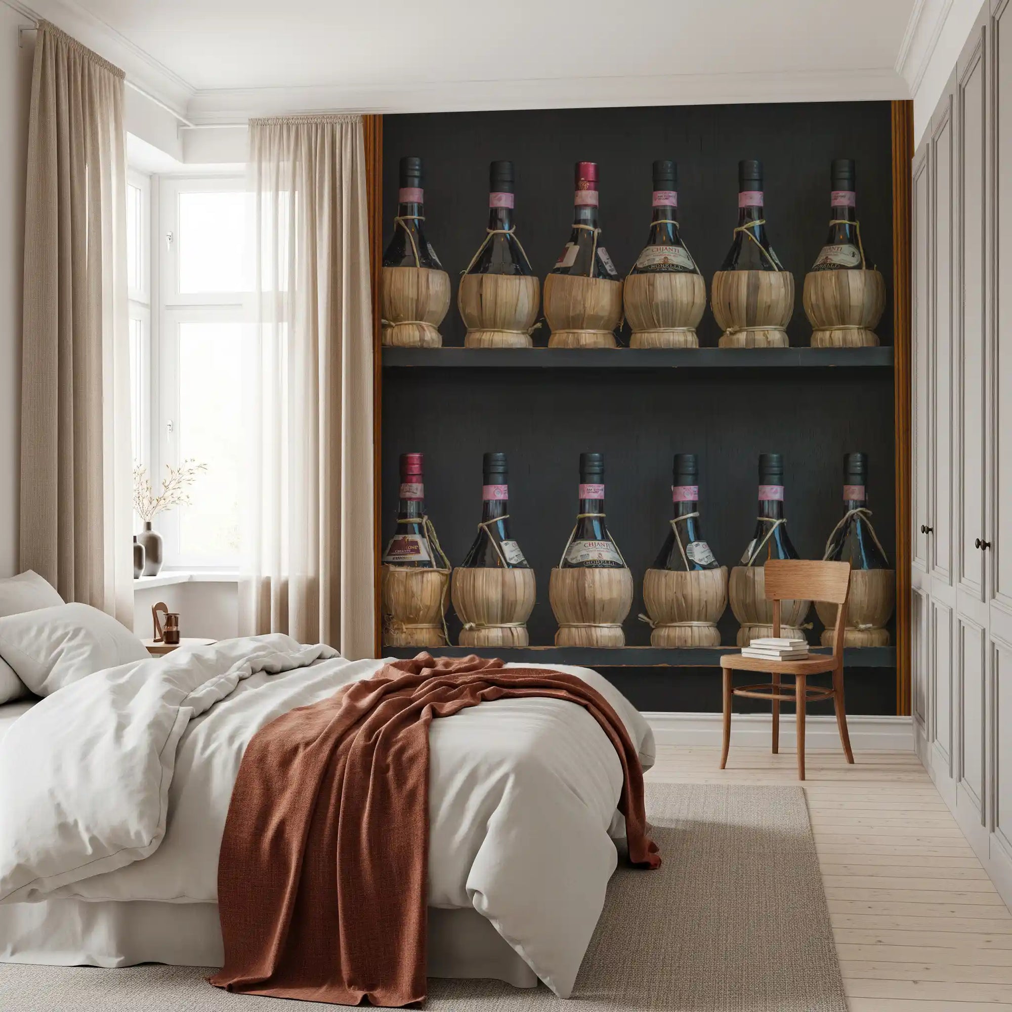 Rows of straw-wrapped Chianti fiaschi bottles on dark wooden shelves mural in bedroom GD10955