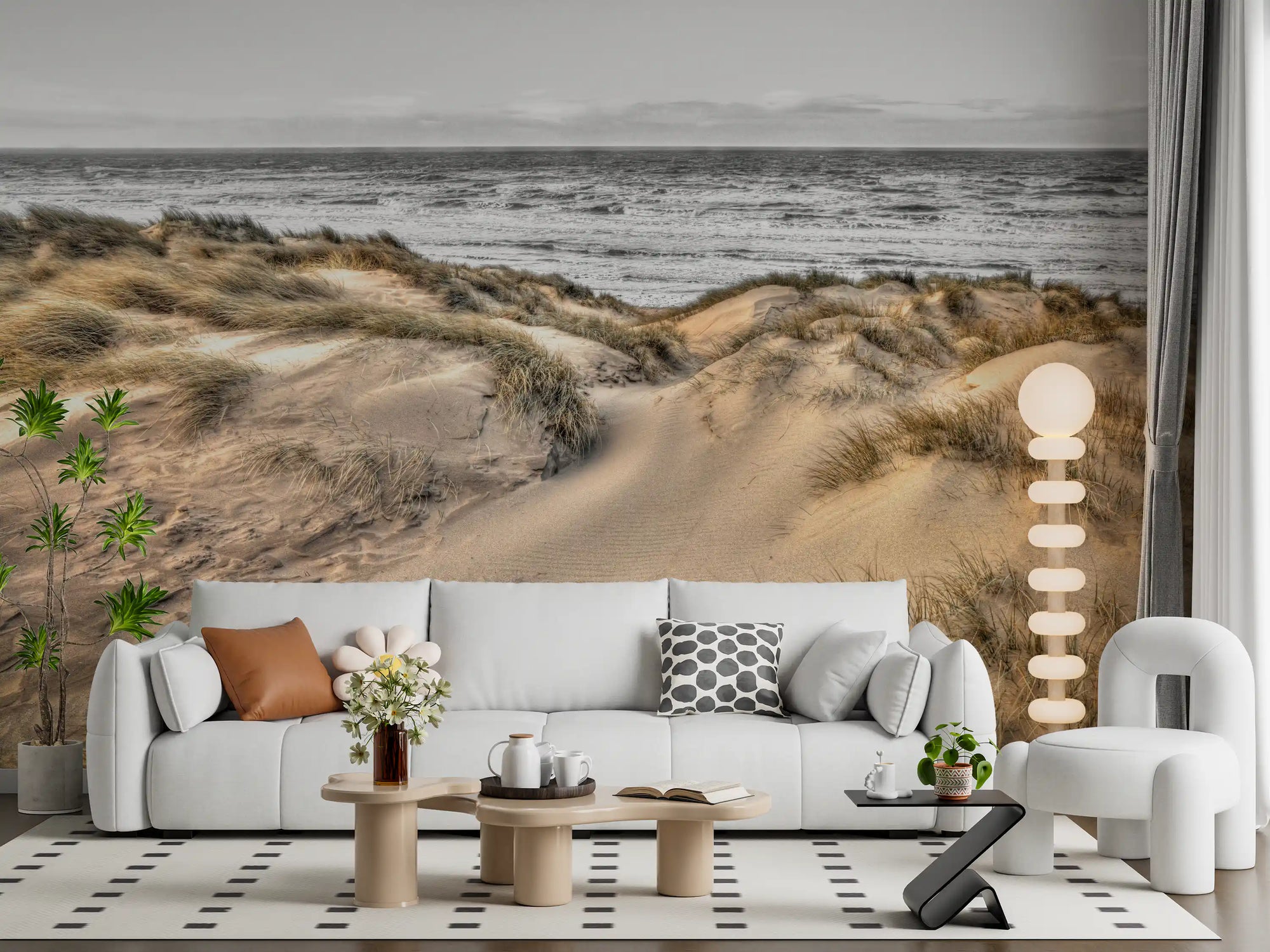 Sand dune wall mural with marram grass and moody grey sea in living room GD10958 