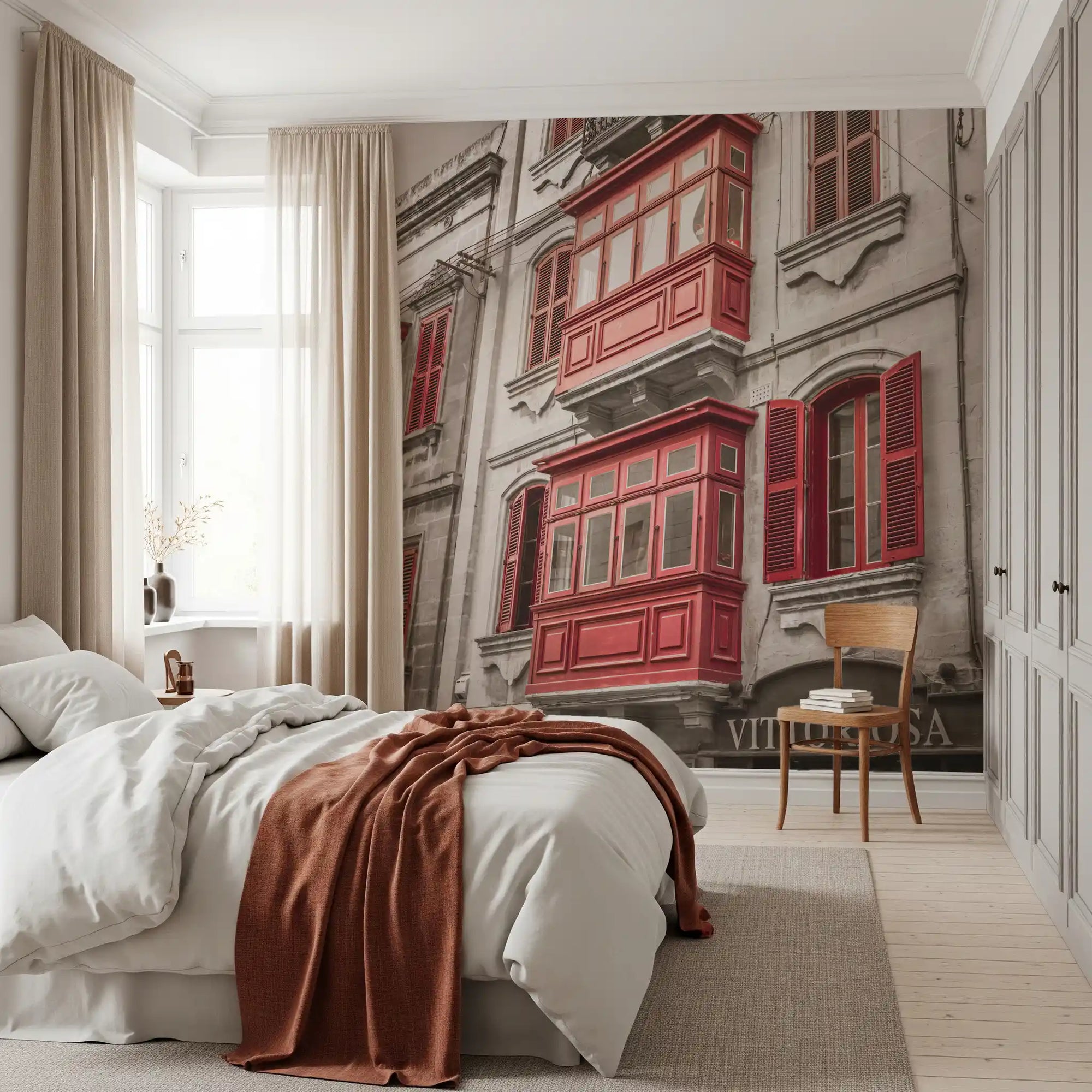 Bedroom wall mural showing crimson balconies and shuttered windows GD10959