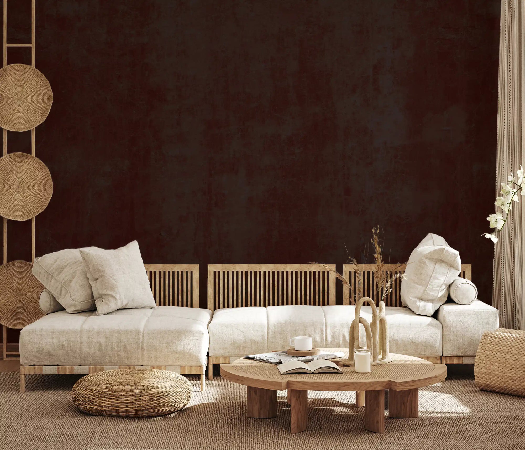 Oxblood red grunge texture wall mural with charcoal shadows in living room GD10960