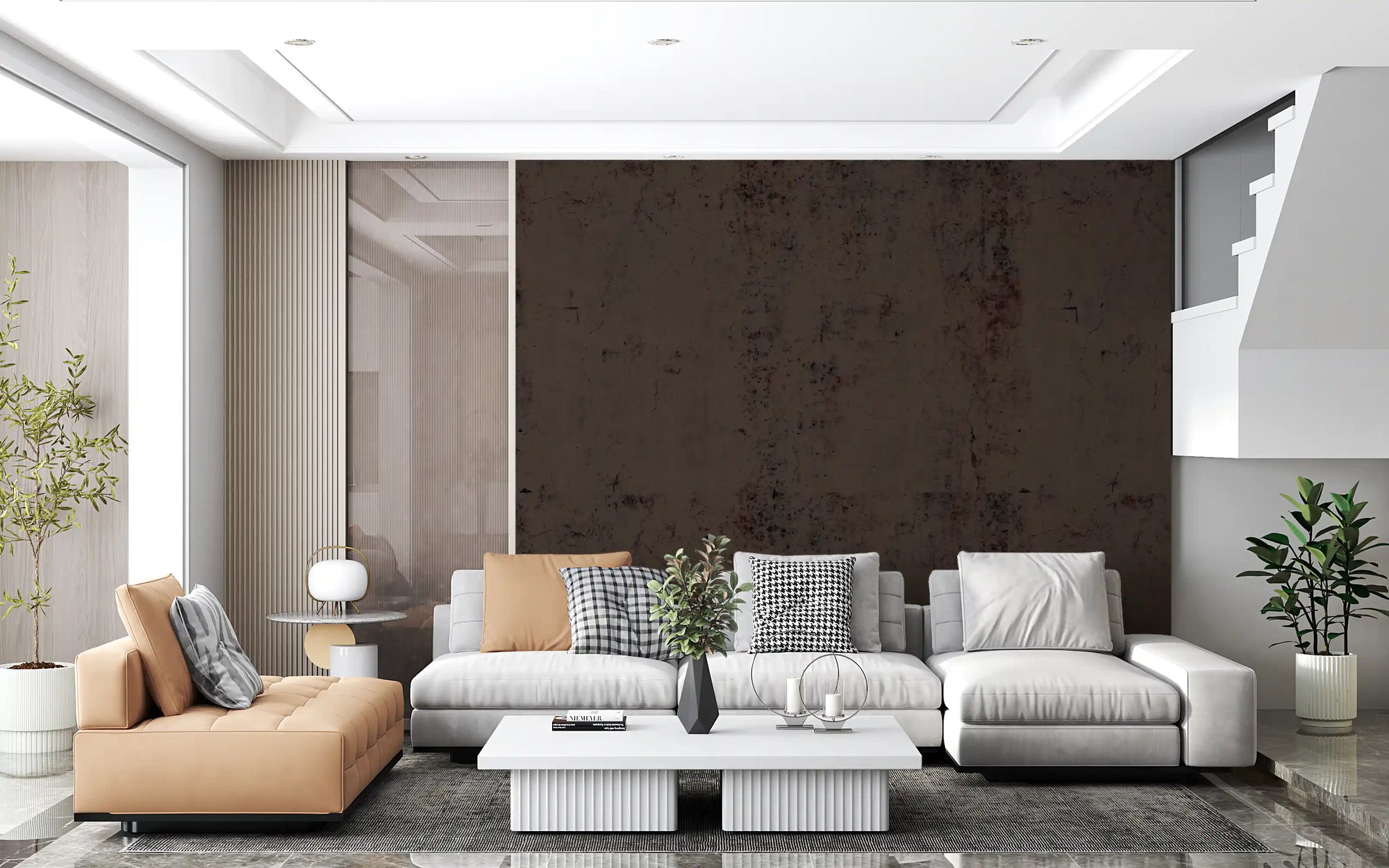 Moody antique dark brown plaster wall mural with weathered surface texture in living room GD10962