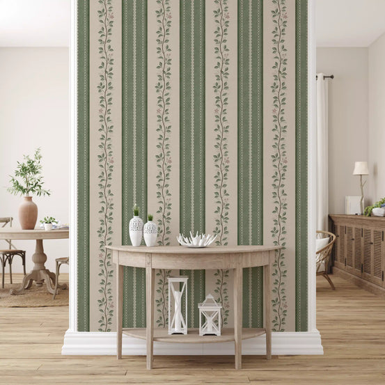 Winding sage vine linen stripe wallpaper with pink blossoms on cream ground in hallway GD10963
