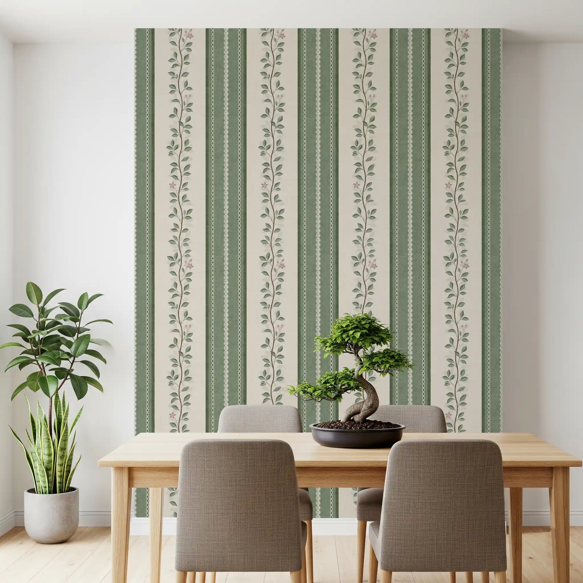 Winding Sage Vine Linen Stripe Wallpaper⁠