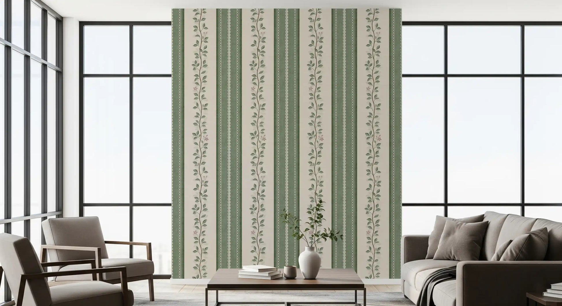 Winding Sage Vine Linen Stripe Wallpaper⁠