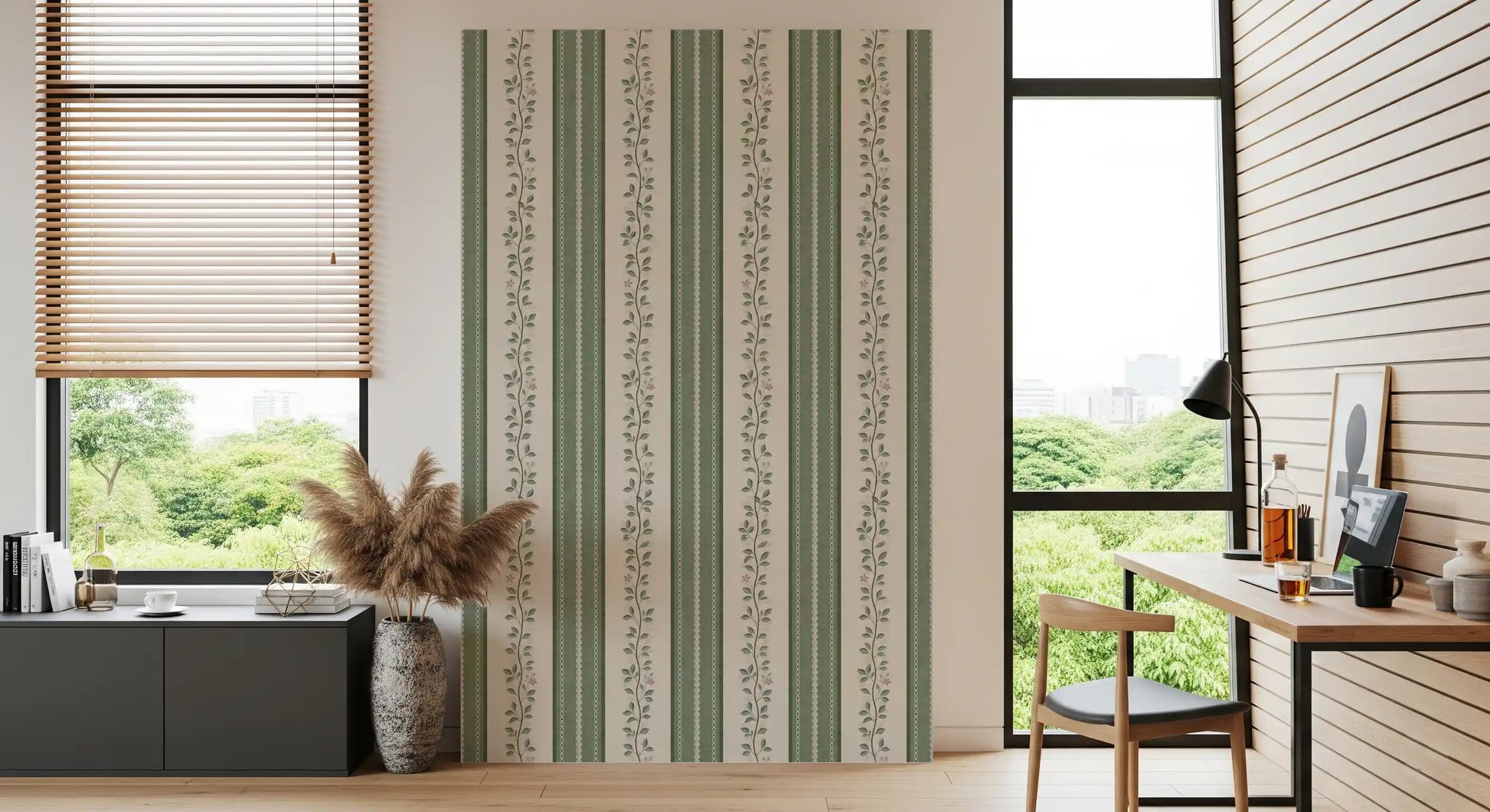 Winding Sage Vine Linen Stripe Wallpaper⁠