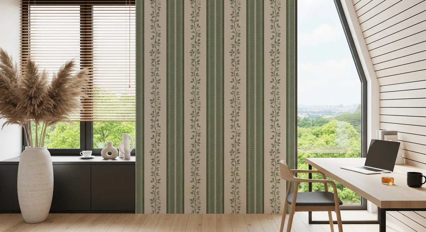 Winding Sage Vine Linen Stripe Wallpaper⁠