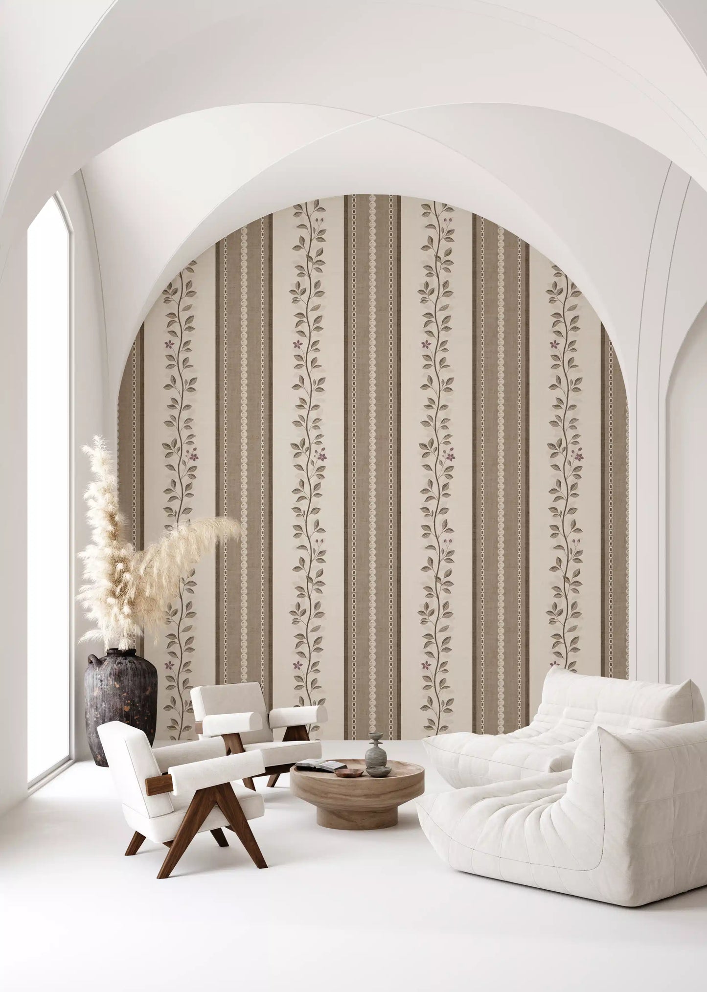 Trailing Vine and Linen Stripe Panel Wallpaper⁠