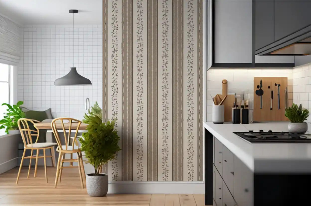 Trailing Vine and Linen Stripe Panel Wallpaper⁠