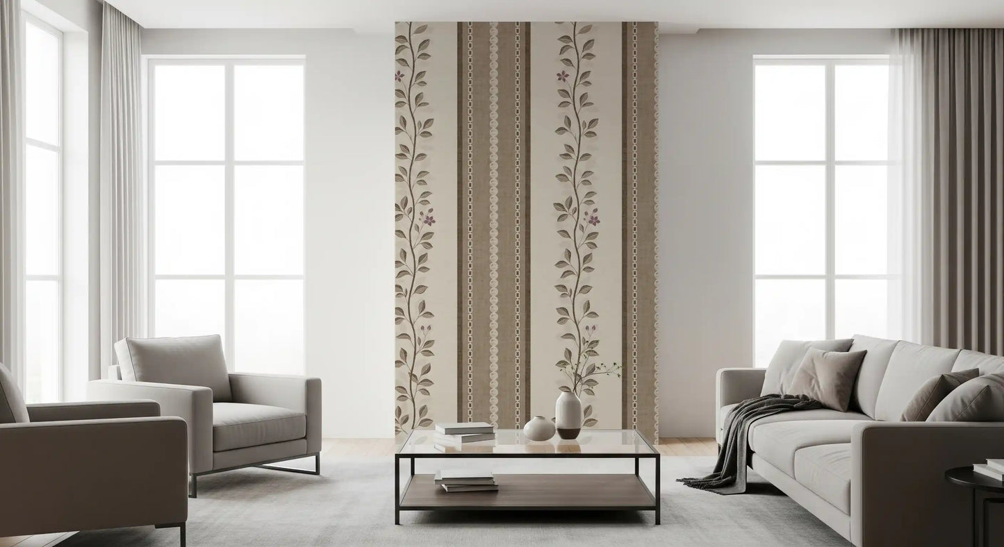 Trailing Vine and Linen Stripe Panel Wallpaper⁠