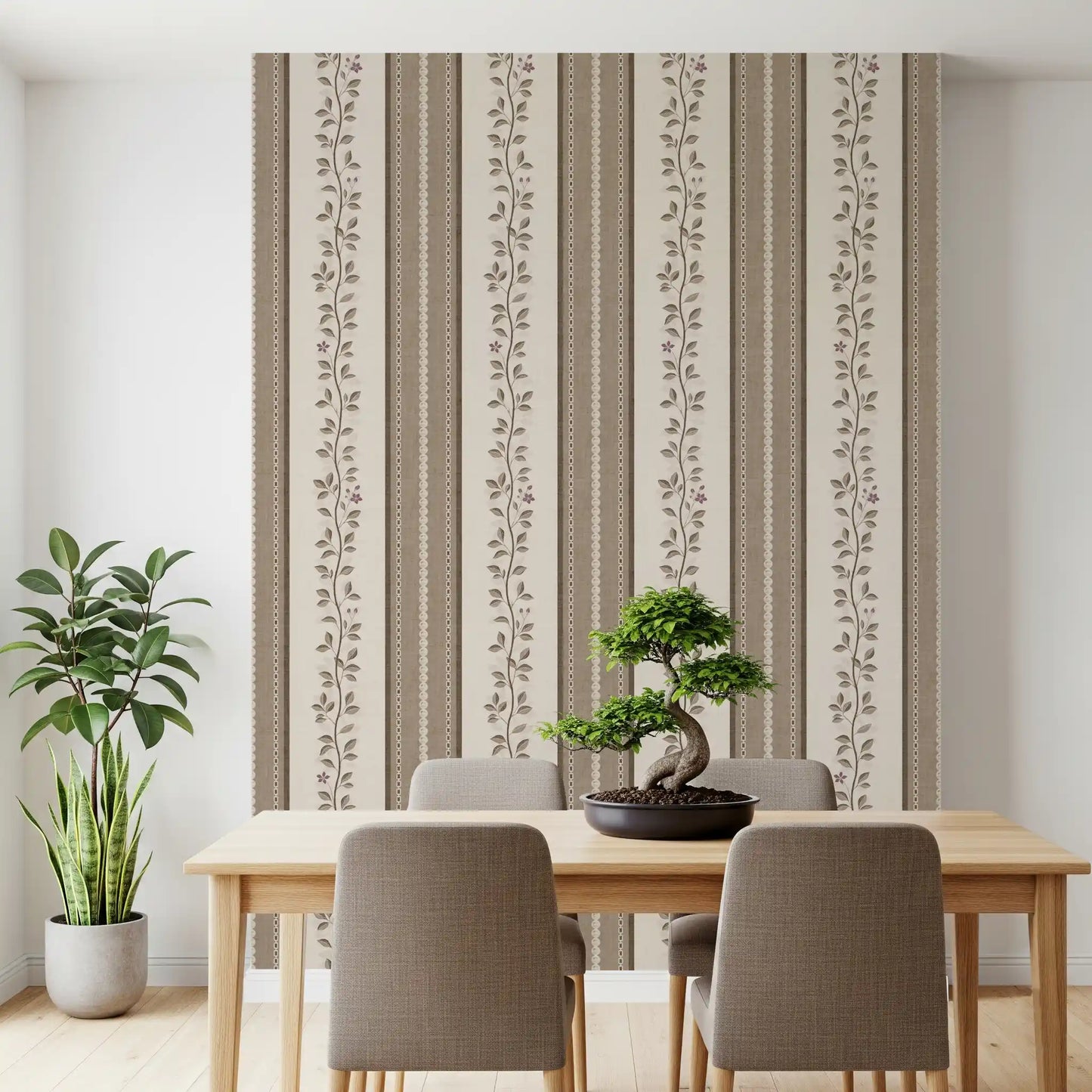 Trailing Vine and Linen Stripe Panel Wallpaper⁠