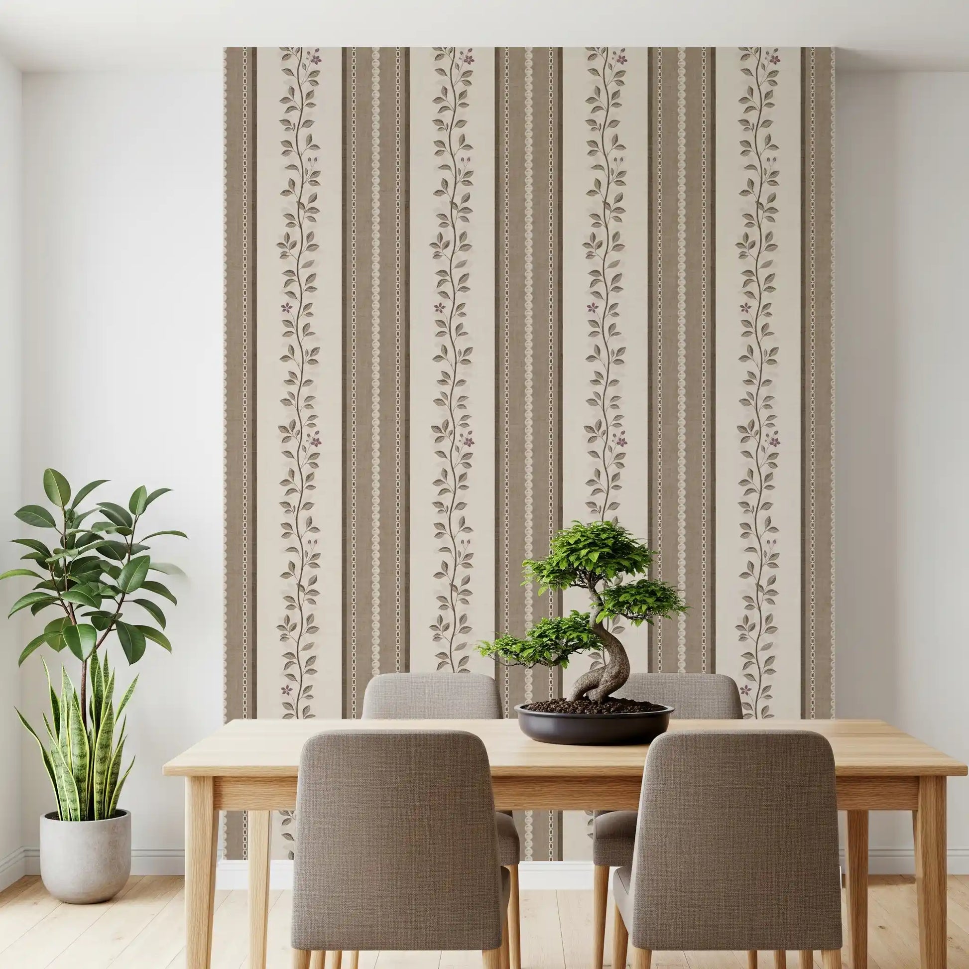 Trailing Vine and Linen Stripe Panel Wallpaper⁠
