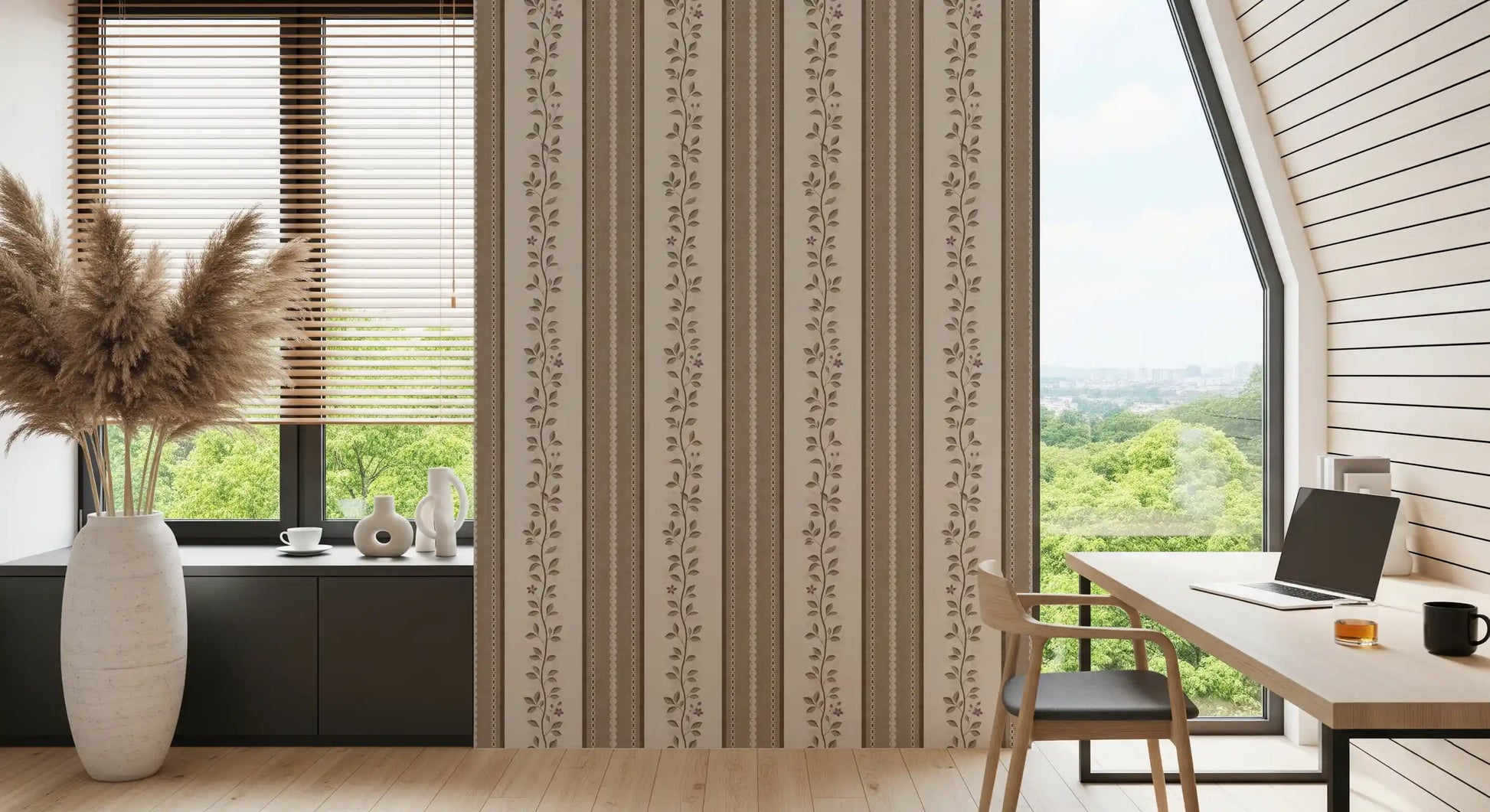 Trailing Vine and Linen Stripe Panel Wallpaper⁠