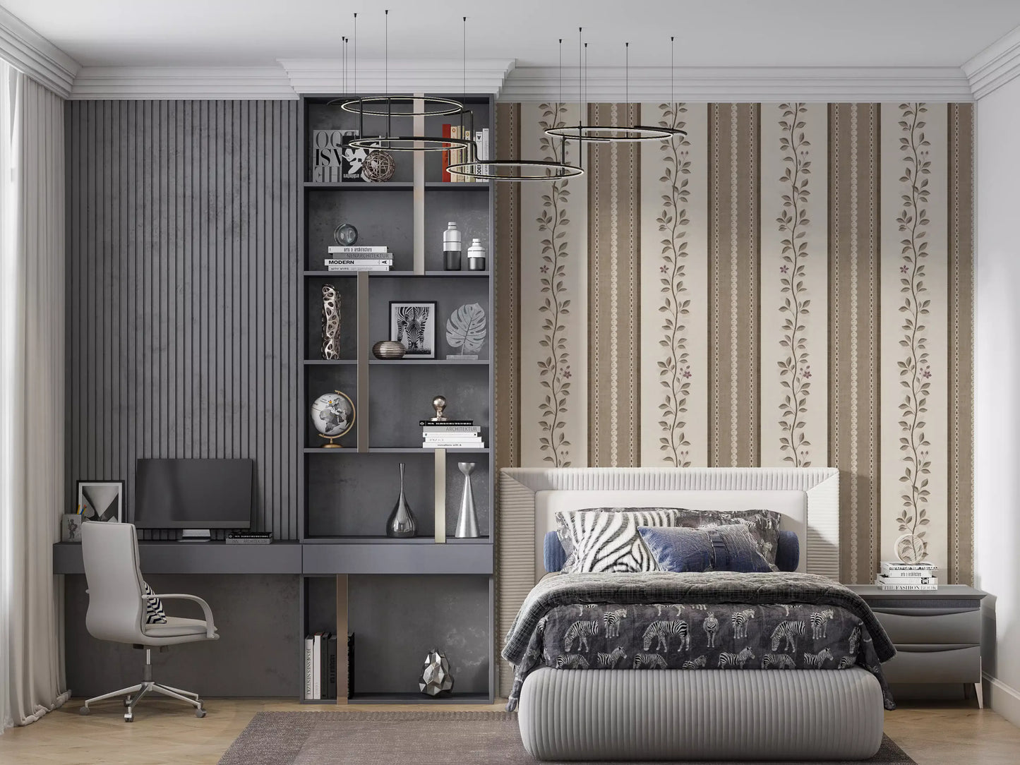 Trailing Vine and Linen Stripe Panel Wallpaper⁠