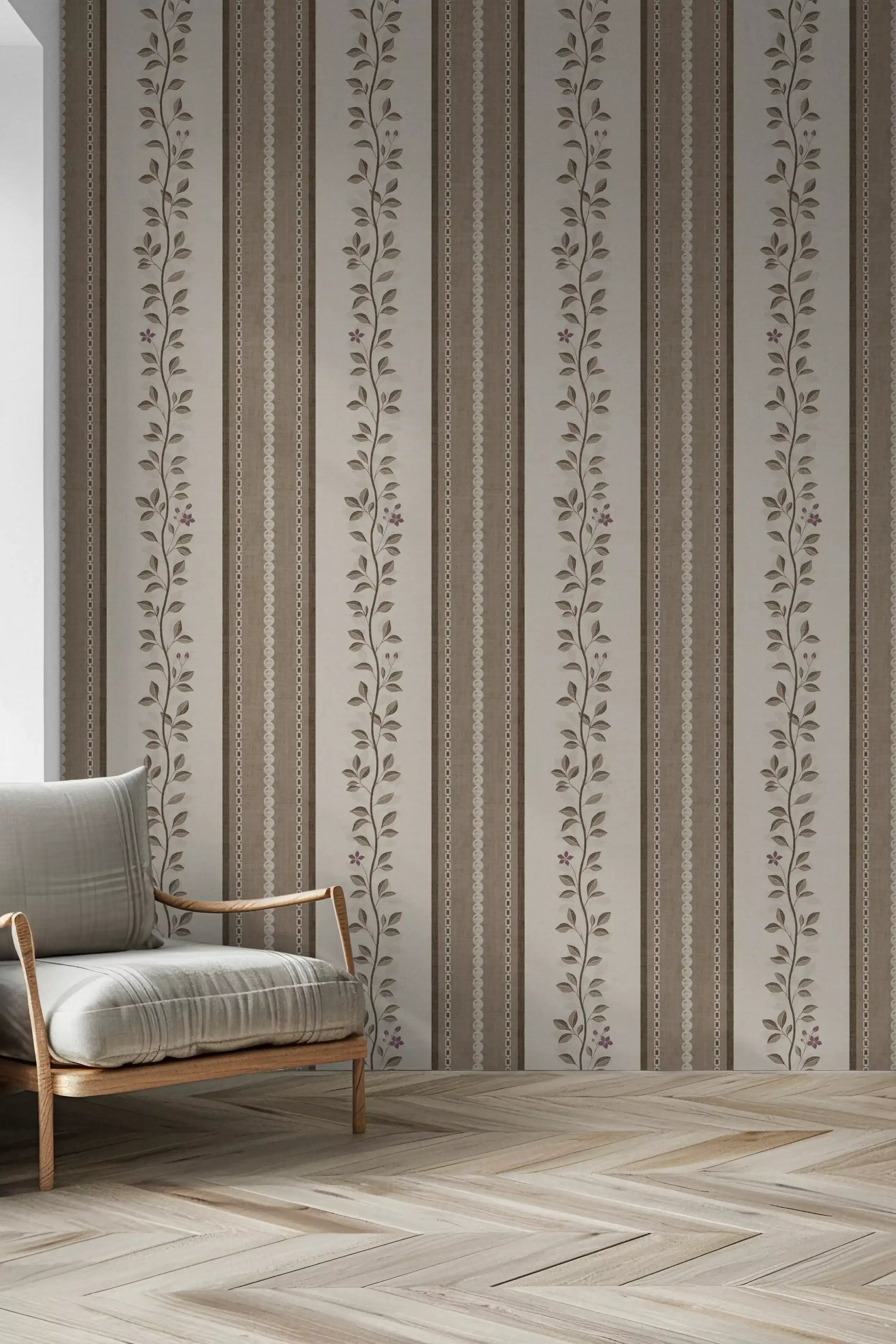 Trailing vine and linen stripe panel wallpaper in warm beige and cream for hallway GD10964
