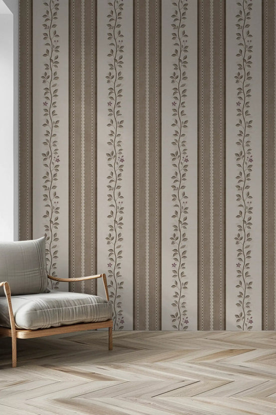 Trailing vine and linen stripe panel wallpaper in warm beige and cream for hallway GD10964