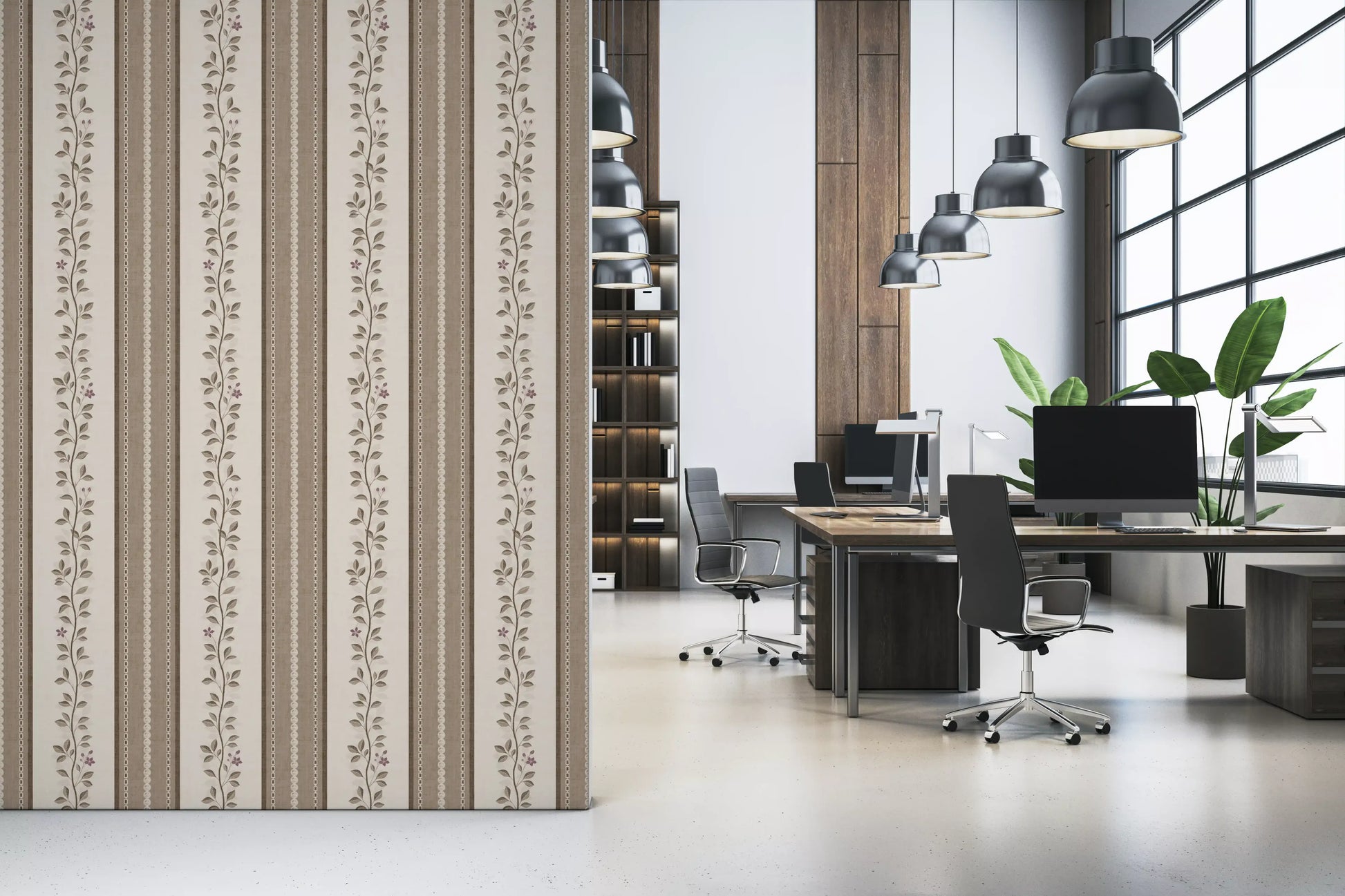 Trailing Vine and Linen Stripe Panel Wallpaper⁠