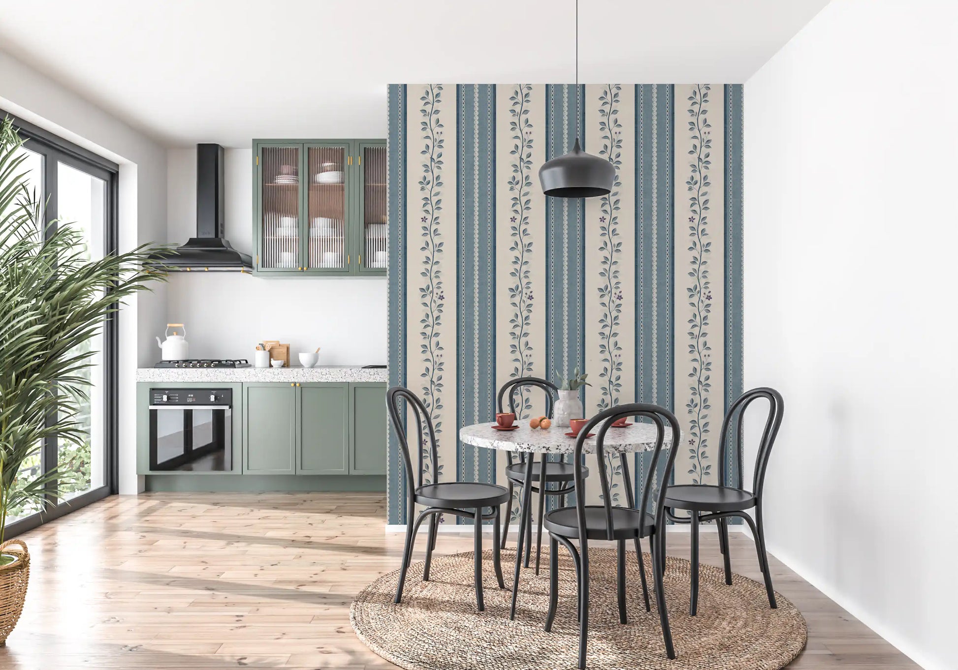 Coastal Slate Blue Vine Stripe Wallpaper⁠