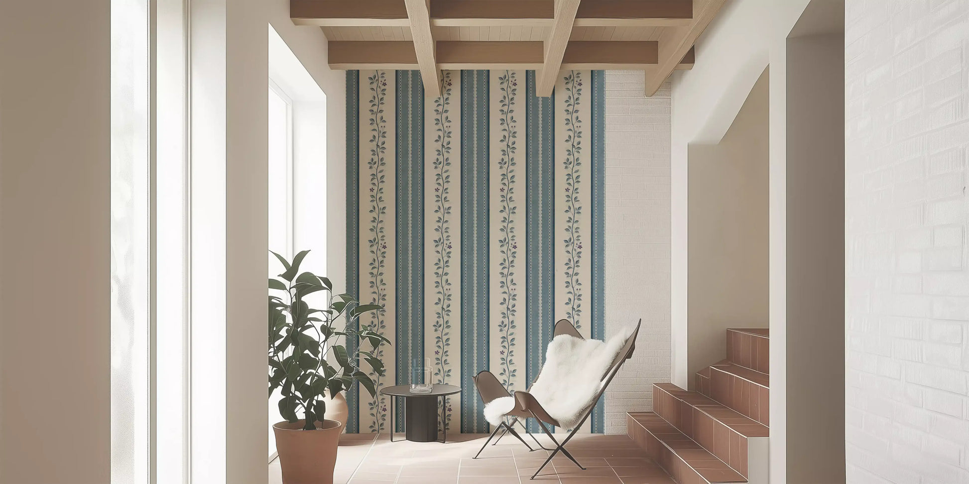 Coastal Slate Blue Vine Stripe Wallpaper⁠
