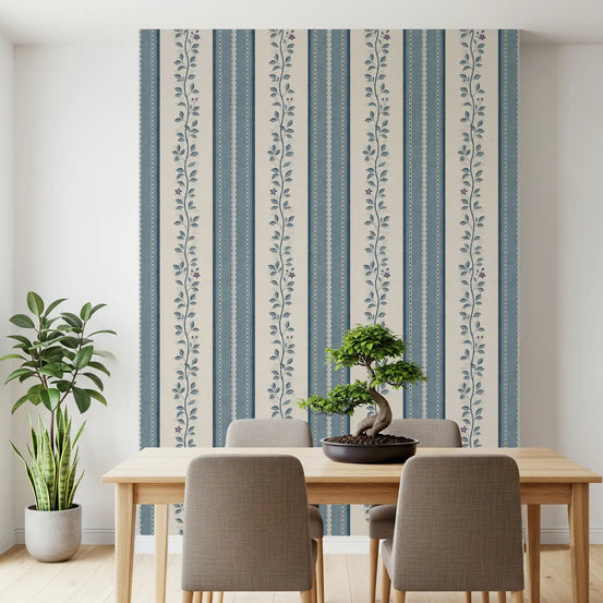 Coastal slate blue vine stripe wallpaper with cream linen panels in dining room GD10965