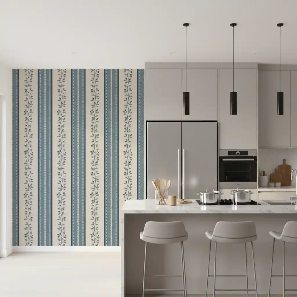 Coastal Slate Blue Vine Stripe Wallpaper⁠