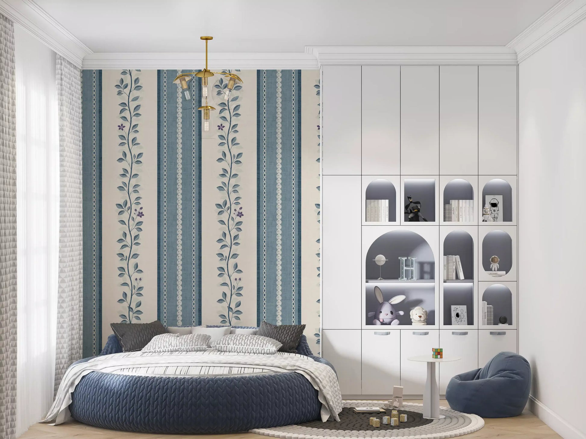 Coastal Slate Blue Vine Stripe Wallpaper⁠