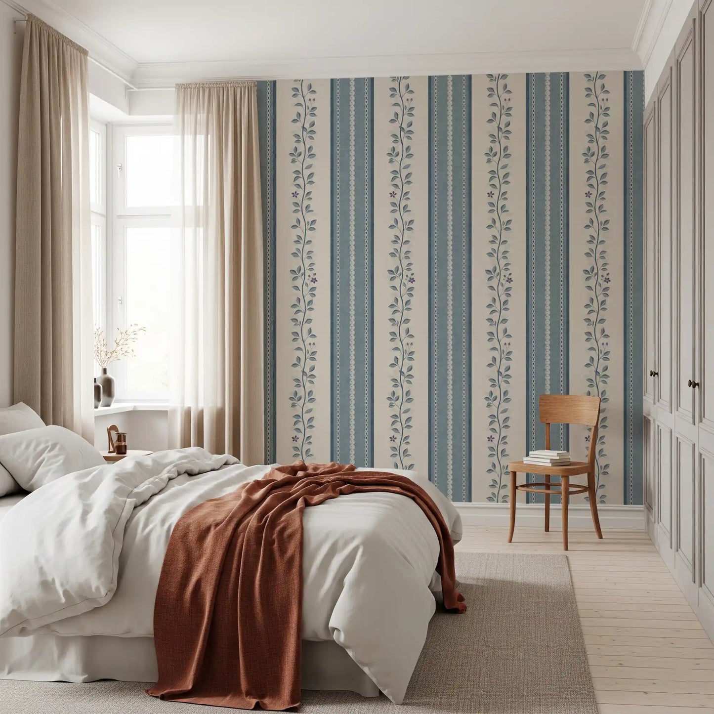 Coastal Slate Blue Vine Stripe Wallpaper⁠
