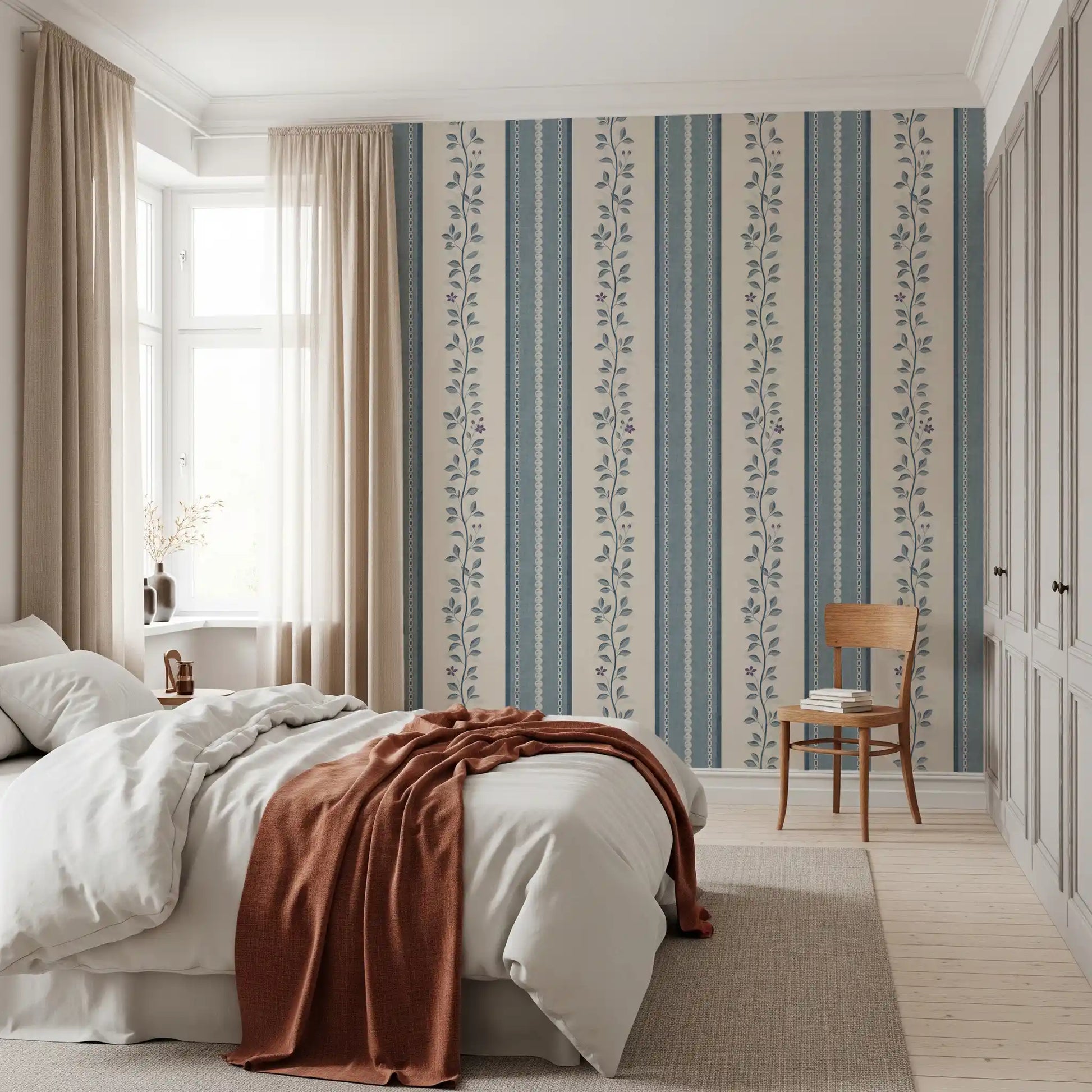 Coastal Slate Blue Vine Stripe Wallpaper⁠