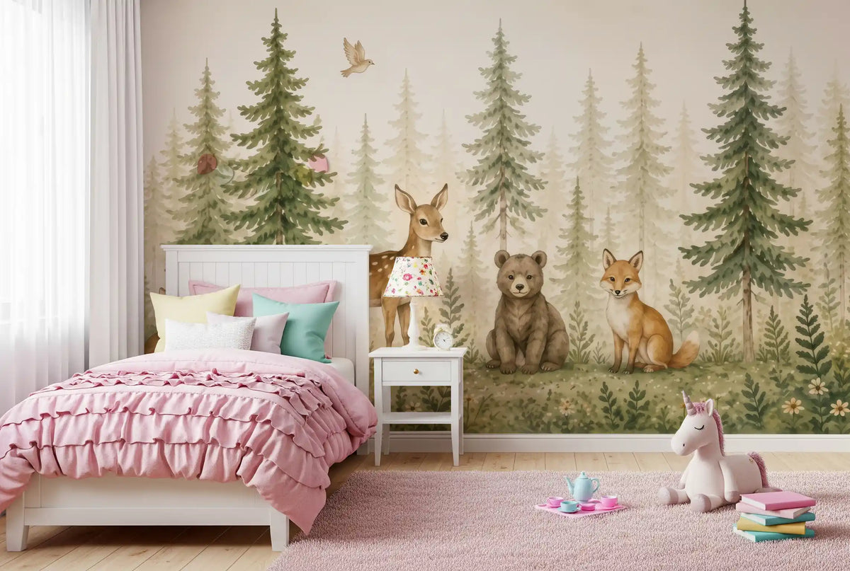 Whimsical woodland forest friends wall mural with deer bear fox and owl in bedroom GD10966
