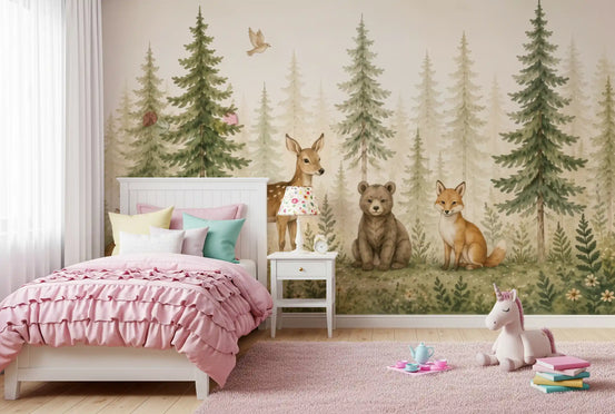Whimsical woodland forest friends wall mural with deer bear fox and owl in bedroom GD10966