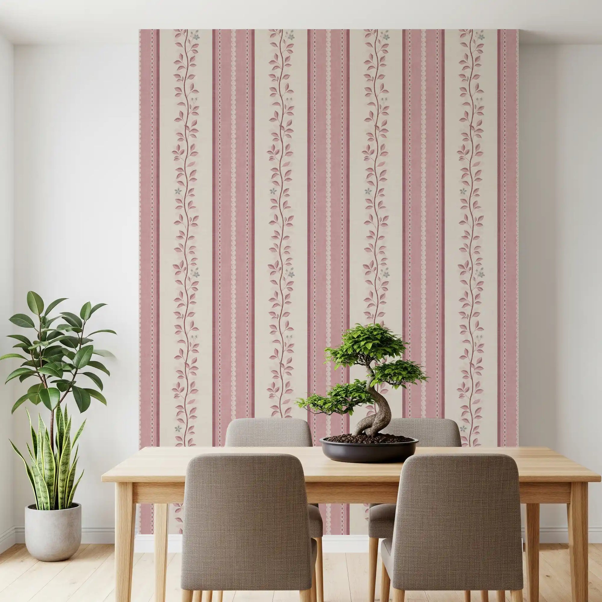 Romantic creeping foliage linen panel wallpaper in blush pink and cream for dining room GD10966 
