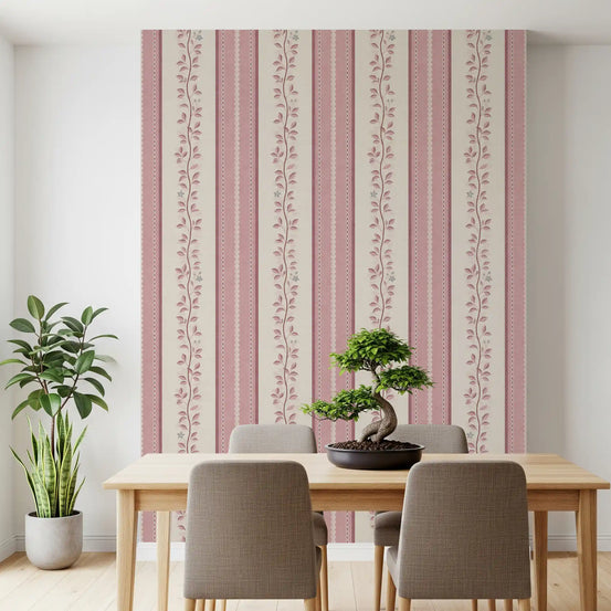 Romantic creeping foliage linen panel wallpaper in blush pink and cream for dining room GD10966 