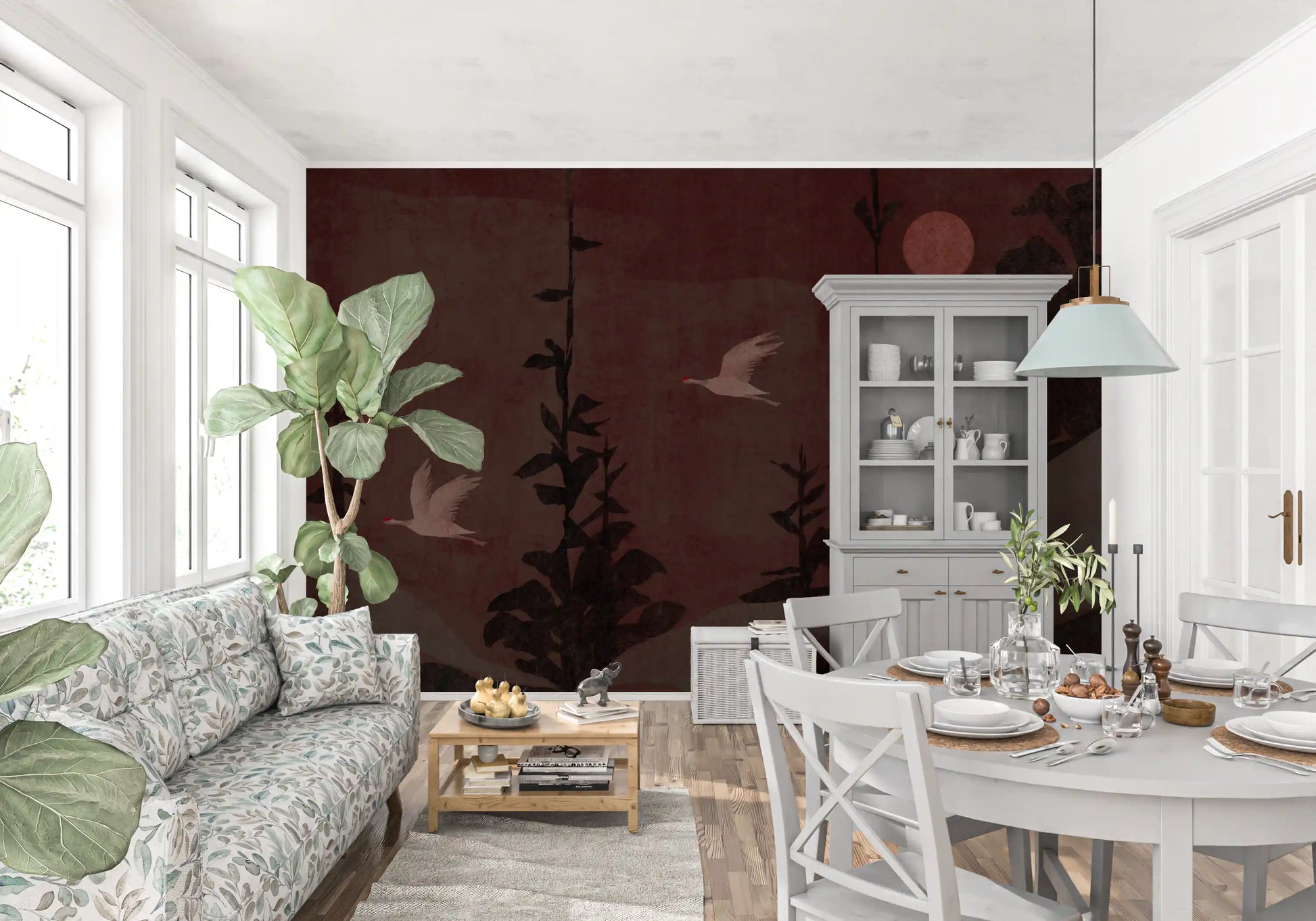 Chinoiserie Nightfall with Soaring Cranes Wall Mural
