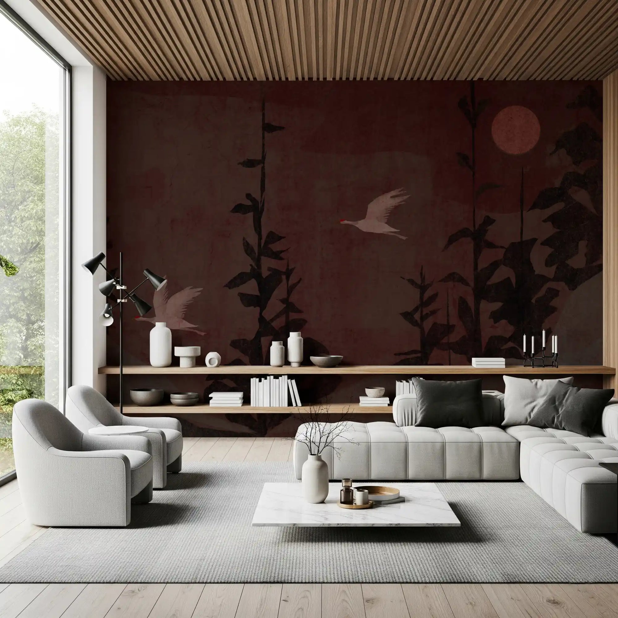 Chinoiserie nightfall soaring cranes wall mural in deep oxblood and black for living room GD10968