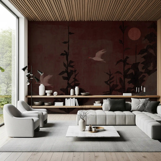Chinoiserie nightfall soaring cranes wall mural in deep oxblood and black for living room GD10968